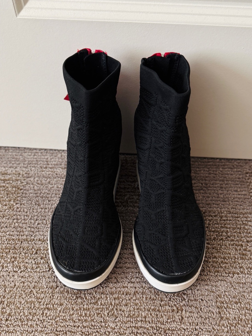 DKNY Black Knit Wedge Sneakers with Red Heel Zipper Pull - Picture 3 of 6